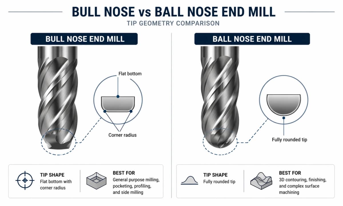 Bull nose vs ball nose end mill tip geometry comparison