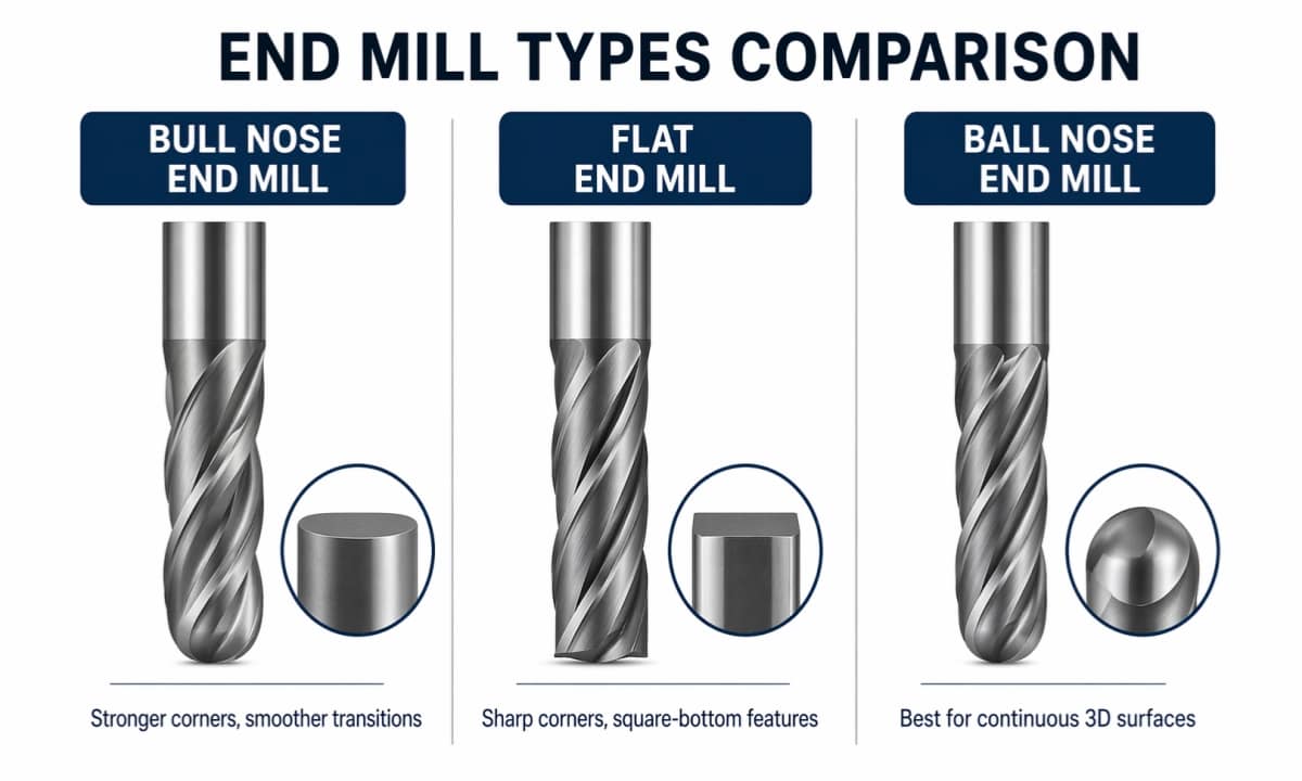 Bull nose end mill flat end mill and ball nose end mill comparison