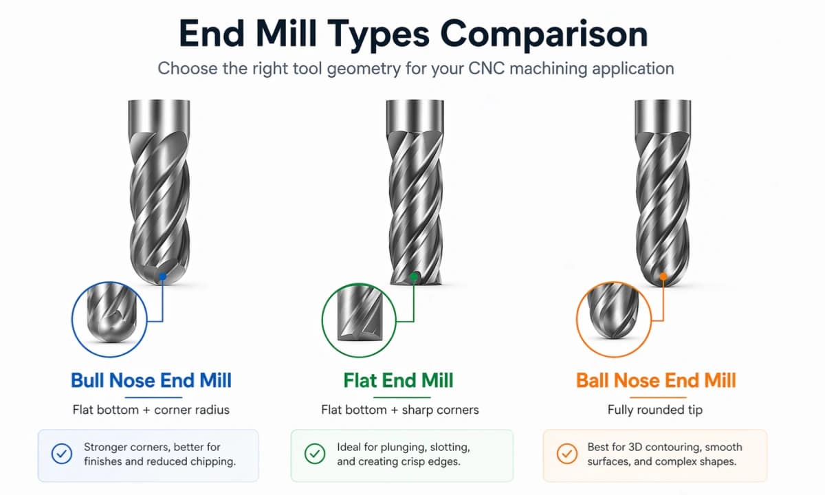 Bull Nose End Mill vs Flat End Mill vs Ball Nose End Mill