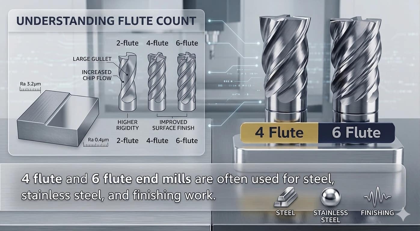 4 flute and 6 flute end mill for steel machining
